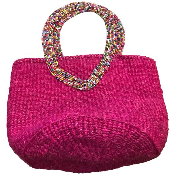 Unique gift beaded handle fuchsia pink straw raffia bag large o/s vibrant bold - Picture 4 of 6